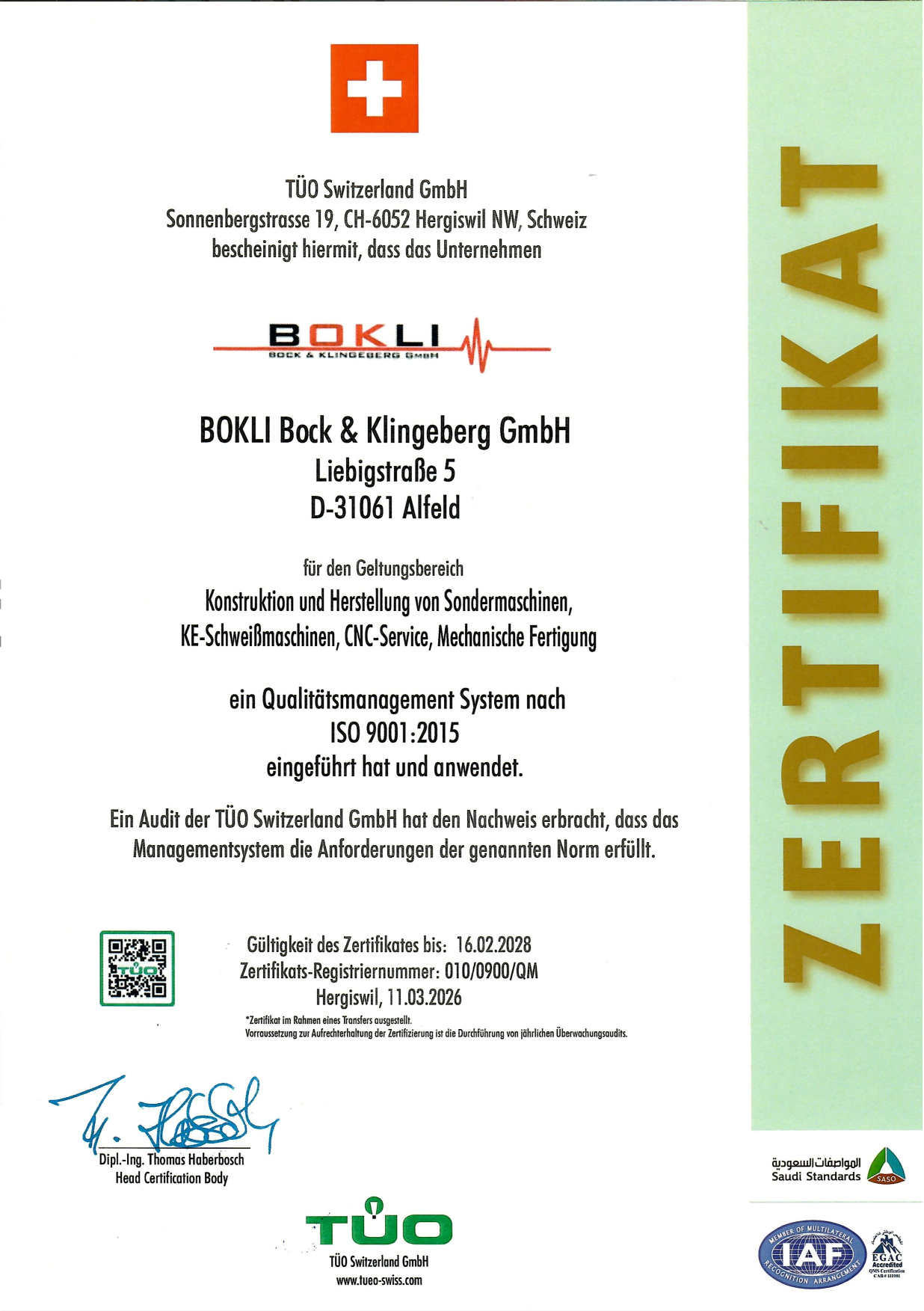 TÜO Zertifikat DIN EN ISO 9001:2015 für BOKLI als PDF herunterladen